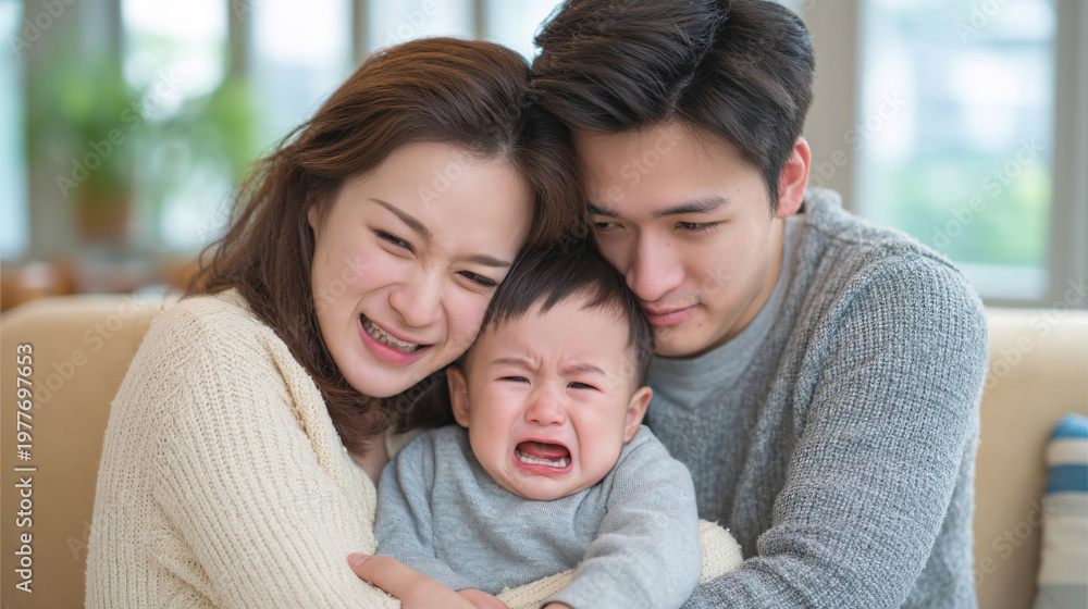 Fototapeta premium A family comforting a crying child indoors in a cozy setting.