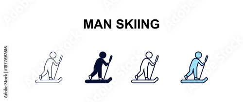 man skiing multi-style outline icon set - people concept. Thin line, regular, filled, colored man skiing icon