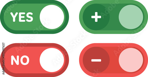 Yes no switch buttons illustration set, toggle icons with plus minus choices for decision making, UI controls, and interface design.