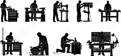 Workshop silhouettes vector set, industrial tools illustration, machine shop workers, fabrication icons, power tools, mechanical equipment, black design