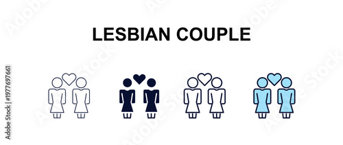 lesbian couple multi-style outline icon set - people concept. Thin line, regular, filled, colored lesbian couple icon