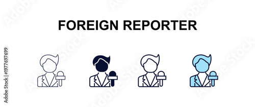foreign reporter multi-style outline icon set - people concept. Thin line, regular, filled, colored foreign reporter icon