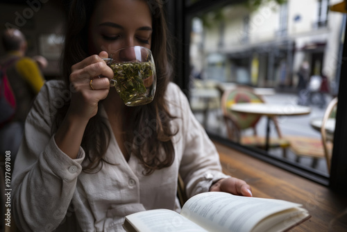 Woman enjoys herbal tea while reading at a cozy caf? in the afternoon