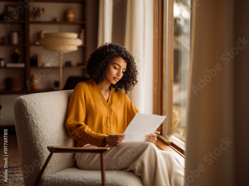 Woman sitting by the window absorbing the words of a thoughtful letter