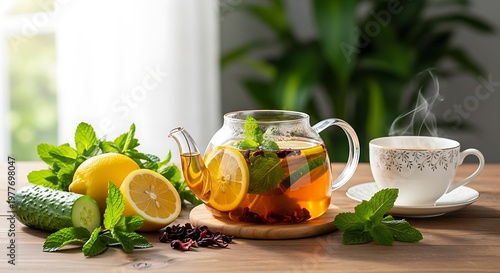 A glass teapot and cup of tea with fruits and herbs on a wooden table