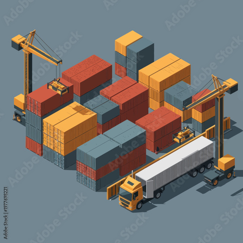 Isometric Cargo Shipping Port with Containers, Cranes, and Truck.