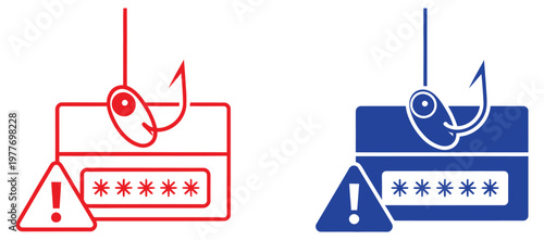 Phishing password icon set, warning symbols representing phishing attacks, password theft, fraud alerts, and online security risks