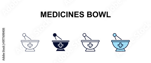 medicines bowl multi-style outline icon set - medical concept. Thin line, regular, filled, colored medicines bowl icon