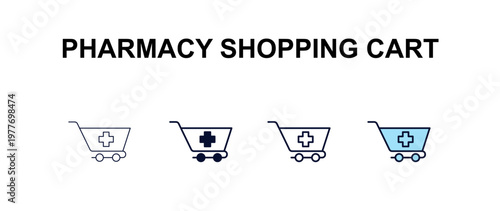 pharmacy shopping cart multi-style outline icon set - medical concept. Thin line, regular, filled, colored pharmacy shopping cart icon
