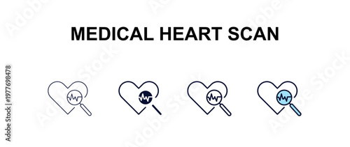 medical heart scan multi-style outline icon set - medical concept. Thin line, regular, filled, colored medical heart scan icon
