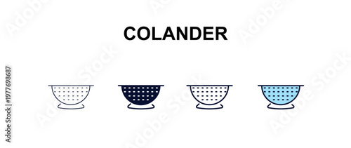 colander multi-style outline icon set - kitchen concept. Thin line, regular, filled, colored colander icon