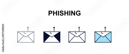 phishing multi-style outline icon set - internet security concept. Thin line, regular, filled, colored phishing icon