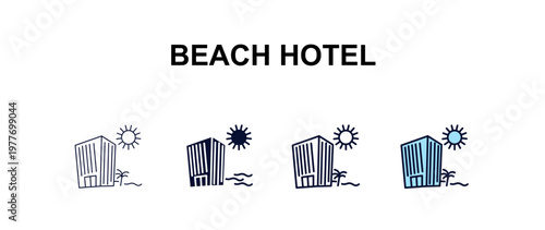 beach hotel multi-style outline icon set - hotel concept. Thin line, regular, filled, colored beach hotel icon