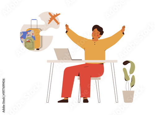 happy man finished his work and is going on vacations. male business person dreaming about future trip. Guy stretching after job and resting. Vector illustration