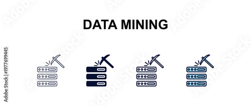 data mining multi-style outline icon set - ai and tech concept. Thin line, regular, filled, colored data mining icon
