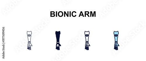 bionic arm multi-style outline icon set - ai and tech concept. Thin line, regular, filled, colored bionic arm icon
