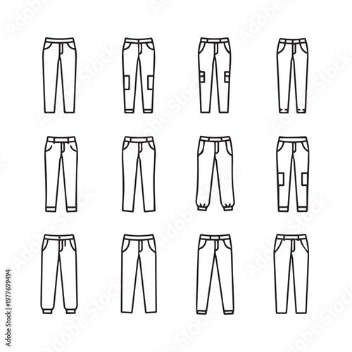 Collection of diverse pants styles in a clean line art illustration