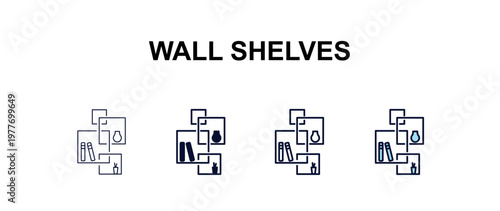 wall shelves  multi-style outline icon set - furniture concept. Thin line, regular, filled, colored wall shelves  icon