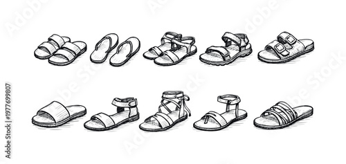 Collection of hand-drawn sandals and flip-flops in various styles