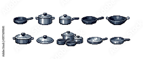 Collection of pixel art kitchenware including pots, pans, and woks