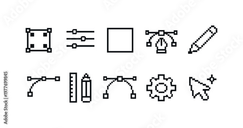 Collection of pixel art icons for graphic design and digital creation tools