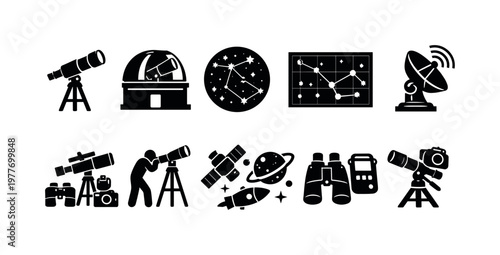 Collection of astronomy and space exploration icons for scientific discovery