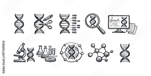 Collection of hand-drawn icons representing DNA research and scientific discovery