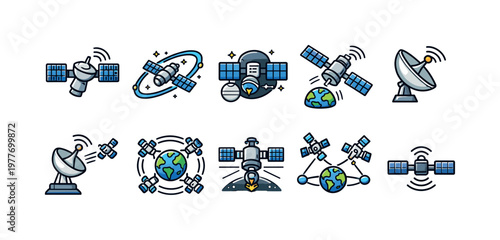 Collection of cartoon satellite icons orbiting Earth and in space