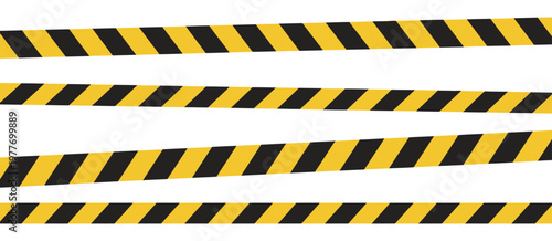 Warning, vector caution tape collection with yellow and black striped barrier design, representing restricted area, hazard alert, and safety control, clean modern flat design