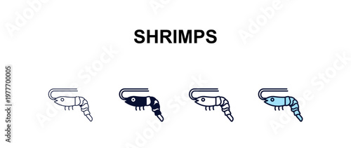 shrimps  multi-style outline icon set - food concept. Thin line, regular, filled, colored shrimps  icon