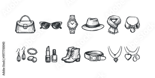 Collection of hand-drawn fashion accessories and beauty items in sketch style