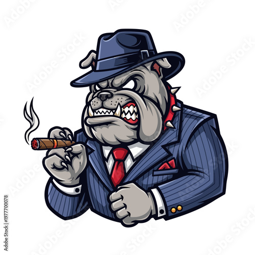Cartoon bulldog in suit and hat smoking cigar