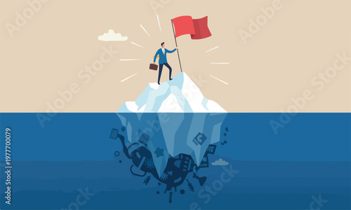 Success iceberg illusion, visible, risk or failure hidden underwater, achievement or leadership concept, success businessman holding flag at peak of iceberg above hidden danger