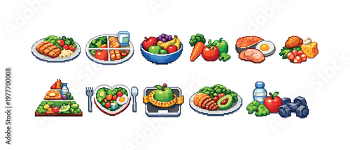 Healthy eating and fitness icons in pixel art style for a balanced lifestyle