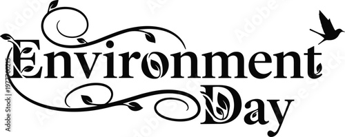Environment Day Typography Design with Decorative Floral Swirls and Bird Silhouette Nature Celebration Vector Illustration