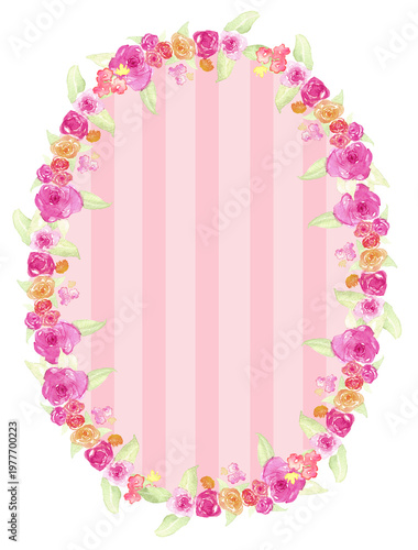 Cornice ovale a righe rosa verticali contornata di rose