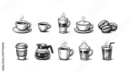 Collection of hand-drawn coffee drinks and beans in sketch style