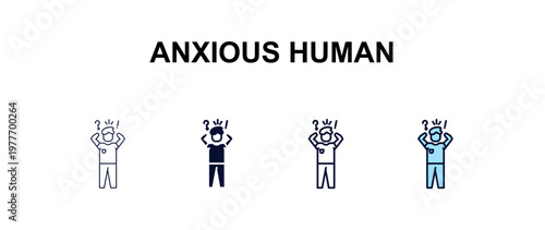 anxious human multi-style outline icon set - feelings concept. Thin line, regular, filled, colored anxious human icon
