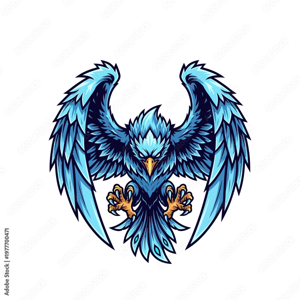 Obraz premium Blue eagle bird with wings spread and claws outstretched on white background