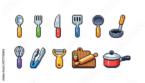 Pixel art collection of colorful kitchen utensils and cooking tools