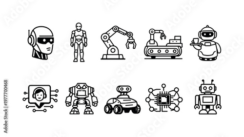 Collection of diverse robot icons representing artificial intelligence and automation technologies