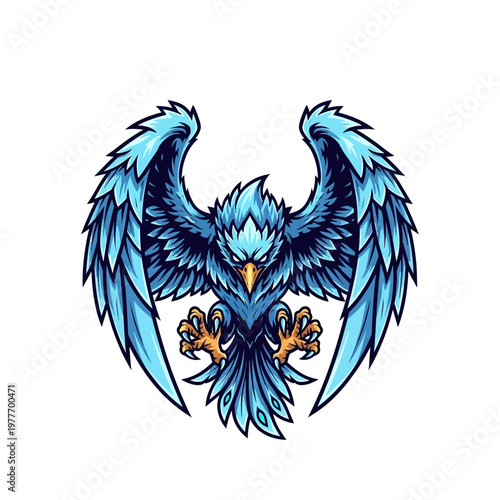 Blue eagle bird with wings spread and claws outstretched on white background