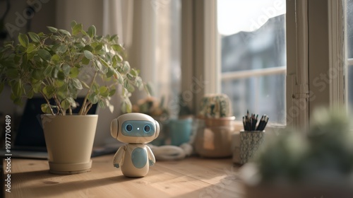Futuristic kitchen scene with a glowing AI robot beside fresh vegetables, perfect for smart home and cooking concepts