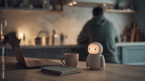 Futuristic kitchen scene with a glowing AI robot beside fresh vegetables, perfect for smart home and cooking concepts