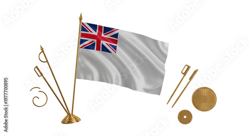 Isolated British naval ensign flag waving on golden flagpole with antique coins and swords, maritime history concept
