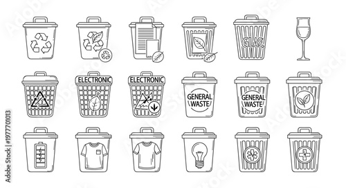 A set of recycling bins and trash cans with various labels on transparent background