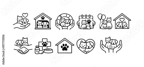 Collection of cute pet care icons featuring dogs and cats in various heartwarming scenarios