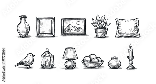 Collection of hand-drawn decorative household items and objects