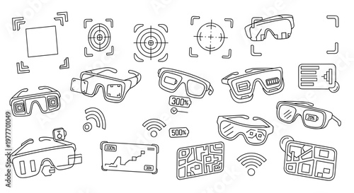A collection of virtual reality icons and symbols on transparent background