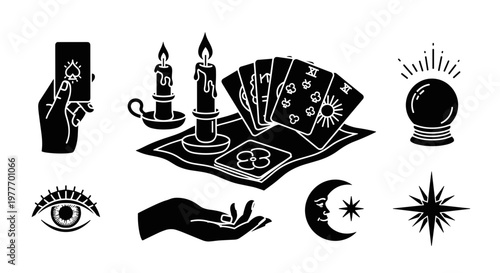 A mystical vector graphic of tarot cards and fortune telling symbols on transparent background